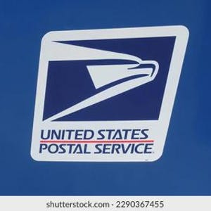 May include: The United States Postal Service logo, featuring a white eagle head and wing design on a blue background. The words "UNITED STATES POSTAL SERVICE" are displayed in white and red.
