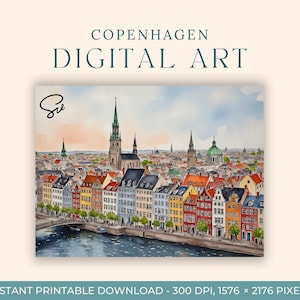Aquarelle de Copenhague (ART NUMÉRIQUE) Danemark, art du voyage, impressions d'art, carte postale à faire soi-même, art de fiançailles, peintures de la ville de l'Europe