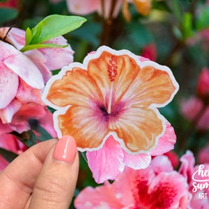 Adesivo de hibisco laranja - Adesivo de flor, arte em aquarela, lembrança, presentes, diário de viagem, adesivos de planejador, floral, praia, tropical, ímã