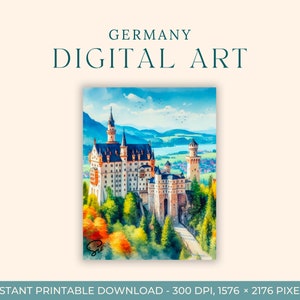 Schloss Neuschwanstein Aquarell Malerei (DIGITAL ART) Deutschland, Reisekunst, Art Prints, Deutschland, DIY Postkarte, Verlobung, Alpen