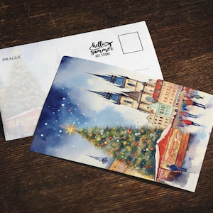 Weihnachten in Prag Aquarell Postkarte, 5 x 7 Grußkarten-Set, digitale Kunst, Tschechische Republik, Reisekunst, Europa, Weihnachtskartenset