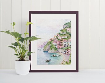 Amalfi Coast Watercolor Art Print - Italy, Positano, Naples, Sorrento, Europe, Travel Art, Europe City Paintings, Fine Art Print, Wall Art
