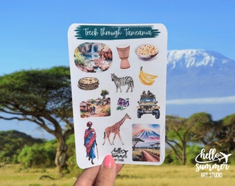 Trek through Tanzania Sticker Sheet - Planner Stickers, Scrap Book Stickers, Travel Stickers, Africa, Kilimanjaro, Safari, Kikuletwa, Jambo