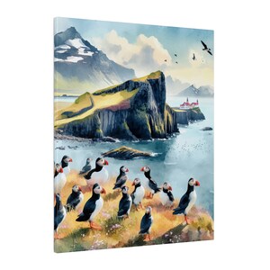 May include: A watercolor painting of a rocky island with a small white building on top. The island is surrounded by blue water and there are many puffins on the shore. The sky is blue with white clouds.