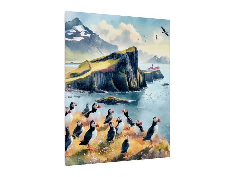 May include: A watercolor painting of a rocky island with a small white building on top. The island is surrounded by blue water and there are many puffins on the shore. The sky is blue with white clouds.