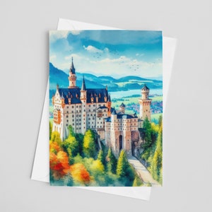 Cartões de felicitações em aquarela do Castelo de Neuschwanstein, conjunto de cartões de felicitações 5 x 7, arte digital, pintura da Alemanha, arte de viagem, papelaria da Europa