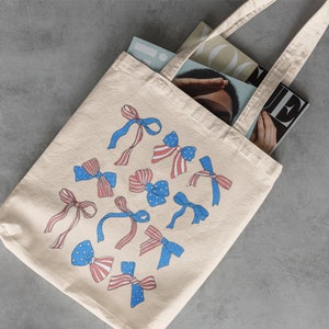 USA Bow Canvas Tote - Coquette, 4th of July, Library Bag, Reusable Grocery Bag, Beach Bag, Coquette, Girly Trendy Tote Bag, American Flag