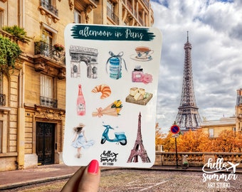Afternoon in Paris Sticker Sheet - Planner Stickers, Kawaii Stickers, Scrap Book Stickers, Travel Stickers, France Eiffel Tower Stickers