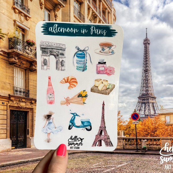 Afternoon in Paris Sticker Sheet - Planner Stickers, Kawaii Stickers, Scrap Book Stickers, Travel Stickers, France Eiffel Tower Stickers