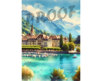 スイス風景画 湖 絵画 鈴木茂 油彩画 ルツェルン湖 スイス 約46 55cm