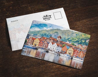 Bergen Watercolor Postcard, 5 x 7 stationery, Norway watercolor painting, travel artwork, Europe Postcards, Bryggen souvenir, oslo