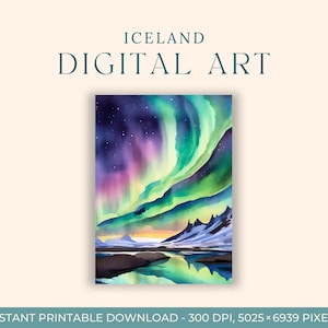 Acquerello dell'aurora boreale (ARTE DIGITALE) Reykjavik, Vik, Inverno, Arte di viaggio, Cartolina, Arte della città europea, Alaska, All'aperto, Natura