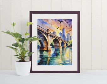 Congress Avenue Bridge aquarel kunstprint - Austin muurkunst, vleermuizen, poster, Austin poster, schone kunst, Texas muurkunst, reiskunst, kunstafdrukken