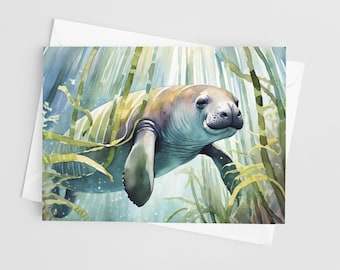 Cartes de voeux aquarelles lamantin, jeu de cartes de voeux 5 x 7, amoureux de la nature, plage, cartes vierges, papeterie océan, cartes de remerciement de la Floride