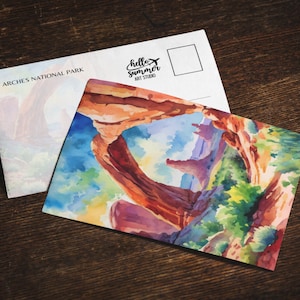 Cartão postal em aquarela do Parque Nacional Arches, conjunto de cartões comemorativos 5 x 7, presentes para parques nacionais, Utah, sudoeste, arte em aquarela, impressão artística no deserto