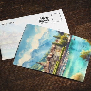 Lake Geneva Watercolor Postcard, 5 x 7 greeting card set, digital art, Geneva Switzerland painting, travel artwork, Europe postcard