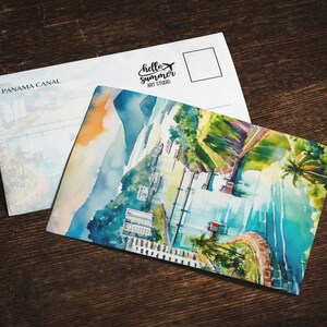 Carte postale aquarelle du canal de Panama, ensemble de cartes de voeux 5 x 7, art numérique, aquarelle, oeuvre d'art de voyage, ville de Panama, souvenirs du Panama