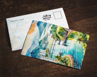 Panama Canal Watercolor Postcard, 5 x 7 stationery, watercolor painting, travel artwork, Panama City, Panama Souvenirs, Travel Gift