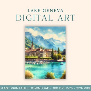 Aquarelle sur le lac Léman (ART NUMÉRIQUE) Suisse, Art du voyage, Impressions d'art, Carte postale à faire soi-même, Art de fiançailles, Europe, Peinture des Alpes suisses