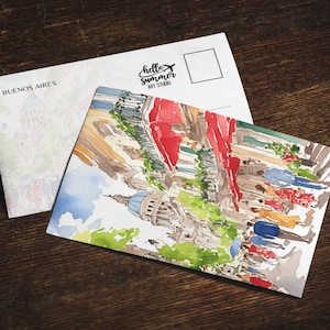 Postal de acuarela de Buenos Aires, juego de tarjetas de felicitación de 5 x 7, juego de postales de Argentina, pintura de acuarela, obra de arte de viaje, regalos de América del Sur