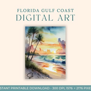Florida Gulf Sunset Watercolor Painting (DIGITAL ART) Beach, Travel Art, Art Prints, DIY Postcard, Engagement Art, Clearwater Beach, Tampa