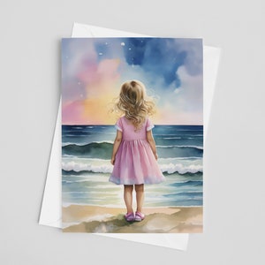 Cartes de voeux aquarelle Ocean Eyes, jeu de cartes de voeux 5 x 7, petite fille blonde sur la plage, papeterie côtière, bord de mer, Floride, cartes