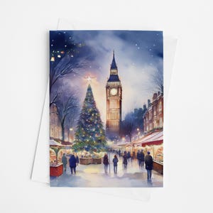 Tarjetas de felicitación navideñas en Londres, juego de tarjetas de felicitación de 12,7 x 18,8 cm, arte digital, Big Ben, festividades, paquete navideño, tarjetas de invierno, Inglaterra