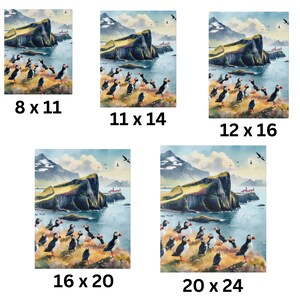 May include: A watercolor painting of a rocky cliff with a small village in the distance. The cliff is covered in green grass and there are many puffins standing on the rocks. The water is a deep blue and the sky is a light blue with white clouds.