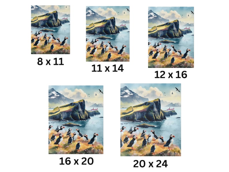 May include: A watercolor painting of a rocky cliff with a small village in the distance. The cliff is covered in green grass and there are many puffins standing on the rocks. The water is a deep blue and the sky is a light blue with white clouds.