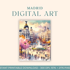 Pintura em aquarela de Madri (ARTE DIGITAL) Espanha, Arte de viagem, Impressões de arte, Cartões postais DIY, Pinturas de cidades europeias, Gran Vía, Plaza de España