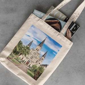 New Orleans Watercolor Canvas Tote - NOLA, French Quarter, Mardi Gras Souvenir, Library Bag, Reusable Grocery Bag, Cotton Tote Bag