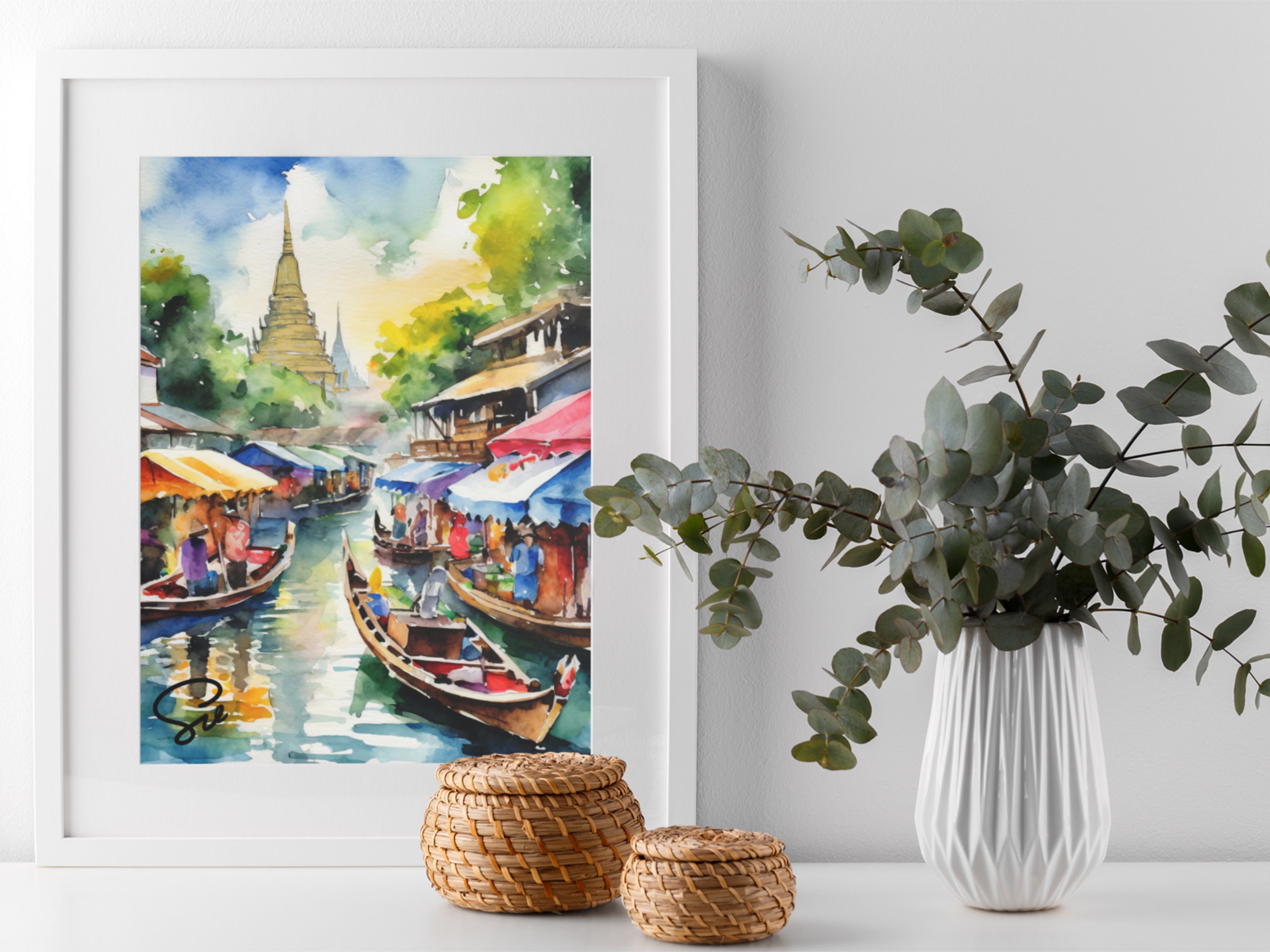バンコク水上マーケットの水彩画（デジタルアート）タイ、旅行アート