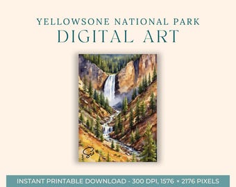Yellowstone Artist Point aquarel (DIGITAL ART) National Park, waterval, natuur, buitenshuis, Wyoming, afdrukbare muurkunst, digitale print