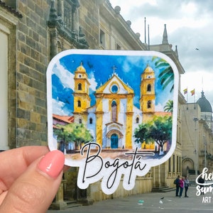Sticker Bogota - Primatial kathedraal van Bogotá sticker, Colombia sticker, aquarel kunst, souvenir, geschenken, reisdagboek, planner stickers