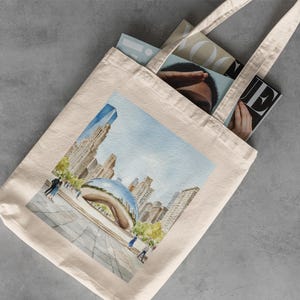 Chiago Watercolor Canvas Tote - the bean, Library Bag, Reusable Grocery Bag, Cotton Tote Bag, Travel Bag, Beach Bag, Chicago Souvenir Gift