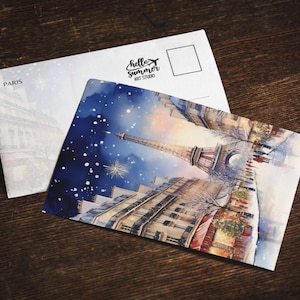 Cartolina di Natale a Parigi con acquerello, set di biglietti d'auguri 5 x 7, arte digitale, pittura francese, opera d'arte di viaggio, Europa, set di biglietti di Natale