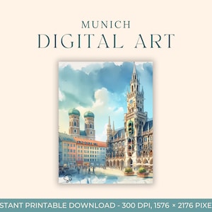 München Marienplatz Aquarell Malerei (DIGITAL ART) Deutschland, Travel Art, Art Prints, Deutschland, DIY Postkarte, Verlobung, Europa