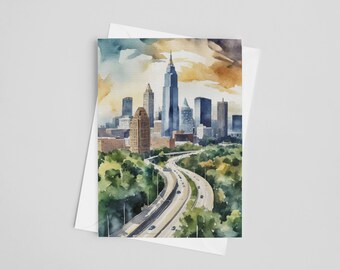 Cartões comemorativos em aquarela de Atlanta, conjunto de cartões comemorativos 5 x 7, ATL, arte digital, cartões em branco, papelaria, presentes da Geórgia, lembrança de Atlanta