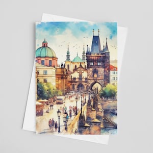 Karty okolicznościowe Most Karola w Pradze, zestaw kart okolicznościowych 5 x 7, sztuka cyfrowa, malarstwo z Republiki Czeskiej, dzieła sztuki podróżniczej, artykuły piśmiennicze z Europy