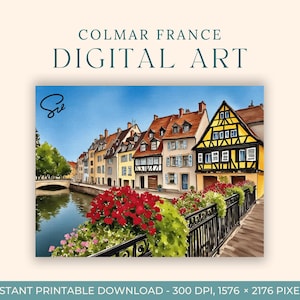 Pintura de acuarela de Colmar (ARTE DIGITAL) Francia, arte de viajes, impresiones artísticas, postales DIY, arte de compromiso, pinturas de ciudades de Europa, viñedos