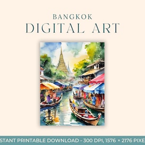 Aquarelle sur les marchés flottants de Bangkok (ART NUMÉRIQUE) Thaïlande, Art du voyage, Impressions d'art, Carte postale à faire soi-même, Art de fiançailles, Peintures d'Asie
