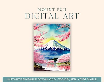 Mount Fuji Watercolor Painting (DIGITAL ART) Japan, Travel Art, Art Prints, DIY Postcard, Printable Art, Asia, Cherry Blossoms, Nature Art