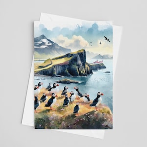 Cartes de voeux aquarelles Islande Vik, lot de cartes de voeux 5 x 7, art numérique, peinture islandaise, oeuvre d'art de voyage, papeterie Europe, macareux