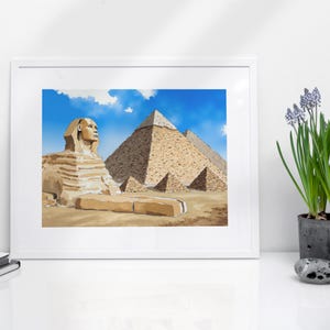 Impresión de acuarela de las Grandes Pirámides de Giza - Egipto, El Cairo, postal de Egipto, arte de viaje, arte mural, acuarela del desierto, recuerdo de El Cairo, Spinx