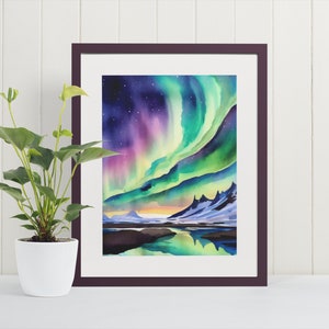 Stampa artistica acquerello dell'aurora boreale - Islanda, Reykjavik, arte di viaggio, arte murale islandese, regali islandesi, poster islandese, stampe artistiche, Europa