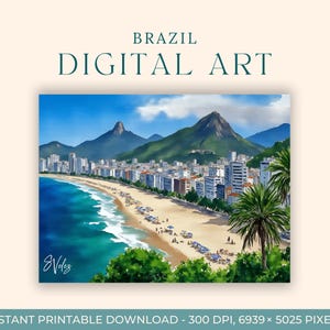 Copacabana Beach Watercolor Painting (DIGITAL ART) Rio, Brazil, Printable Wall Art, Travel Art, Instant Download, Rio de Janeiro, Carnival