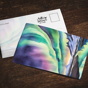 Carte postale aquarelle islandaise, jeu de cartes de voeux 5 x 7, aurores boréales, art numérique, mini impression d'art, oeuvre d'art de voyage, carte postale islandaise, Europe