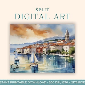 Peinture à l'aquarelle (ART NUMÉRIQUE) Croatie, Art du voyage, Impressions d'art, Carte postale à faire soi-même, Art de fiançailles, Peintures de la ville de l'Europe, Côte, Est
