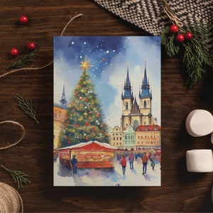Weihnachten in Prag Aquarell Postkarte, 5 x 7 Grußkarten-Set, digitale Kunst, Tschechische Republik, Reisekunst, Europa, Weihnachtskartenset