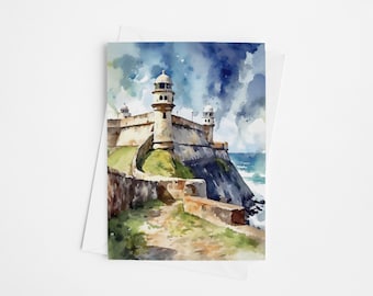 Tarjetas de felicitación de acuarela del Castillo de San Felipe del Morro, juego de tarjetas de felicitación de 5 x 7, tarjeta de San Juan, Puerto Rico, recuerdo de viaje
